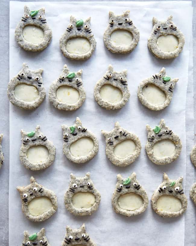 rows of black sesame totoro linzer cookies from studio ghlibli