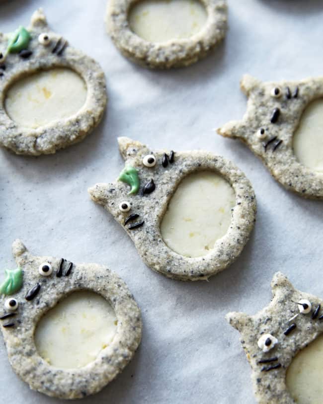 Totoro cookies made with black sesame dough and lemon ganache filling from studio ghibli