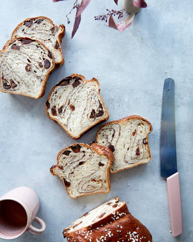 Overhead image of sliced cinnamon swirl sourdough bread