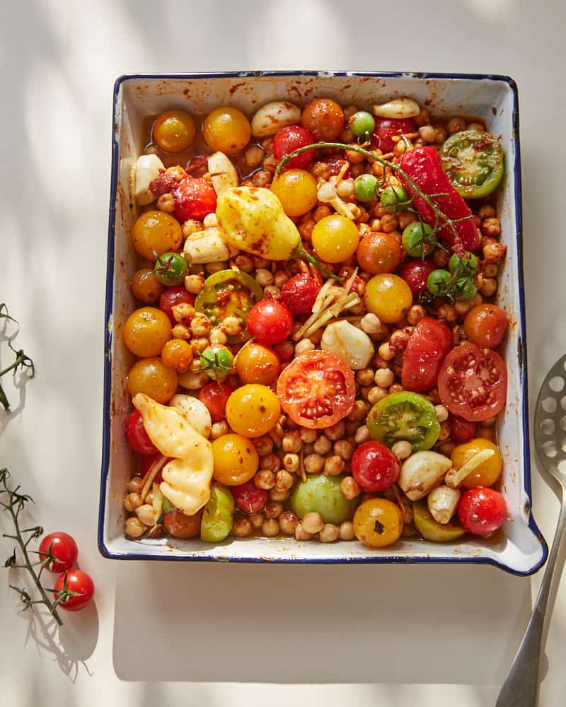 Tray of prepped confit tandoori chickpeas from ottolenghi's cookbook