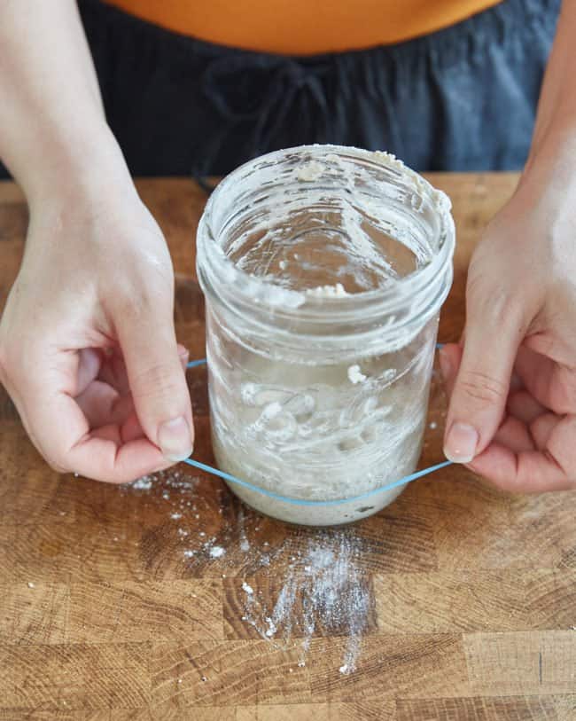 placing an elastic band onto a jar of sourdough starter to mark its starting level