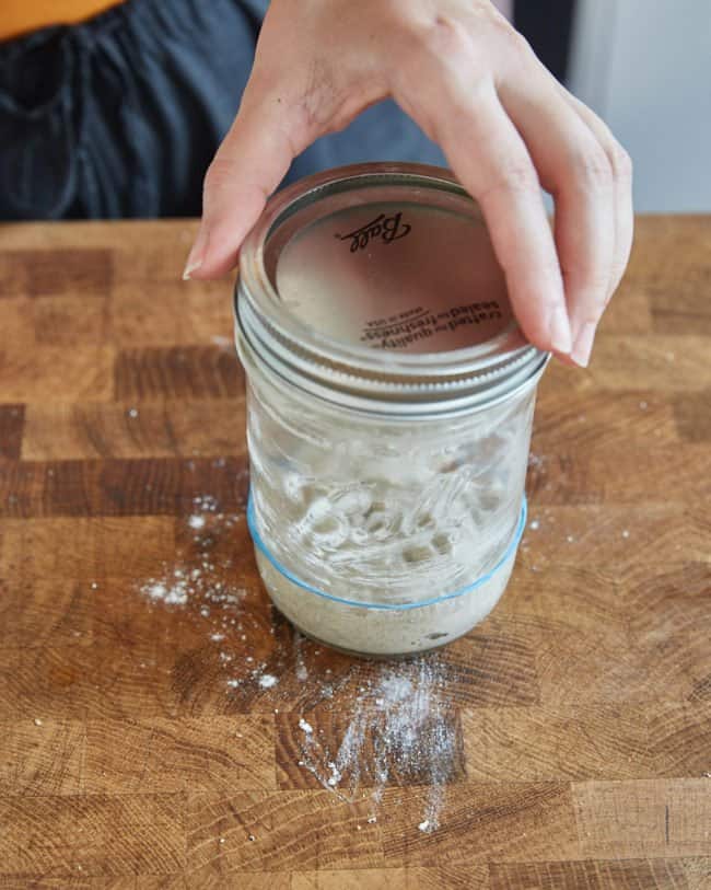 loosly placing a lid onto a jar of sourdough starter