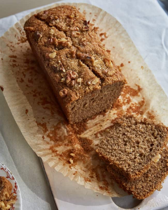 Sliced closeup of vegan banana bread made using self-raising flour