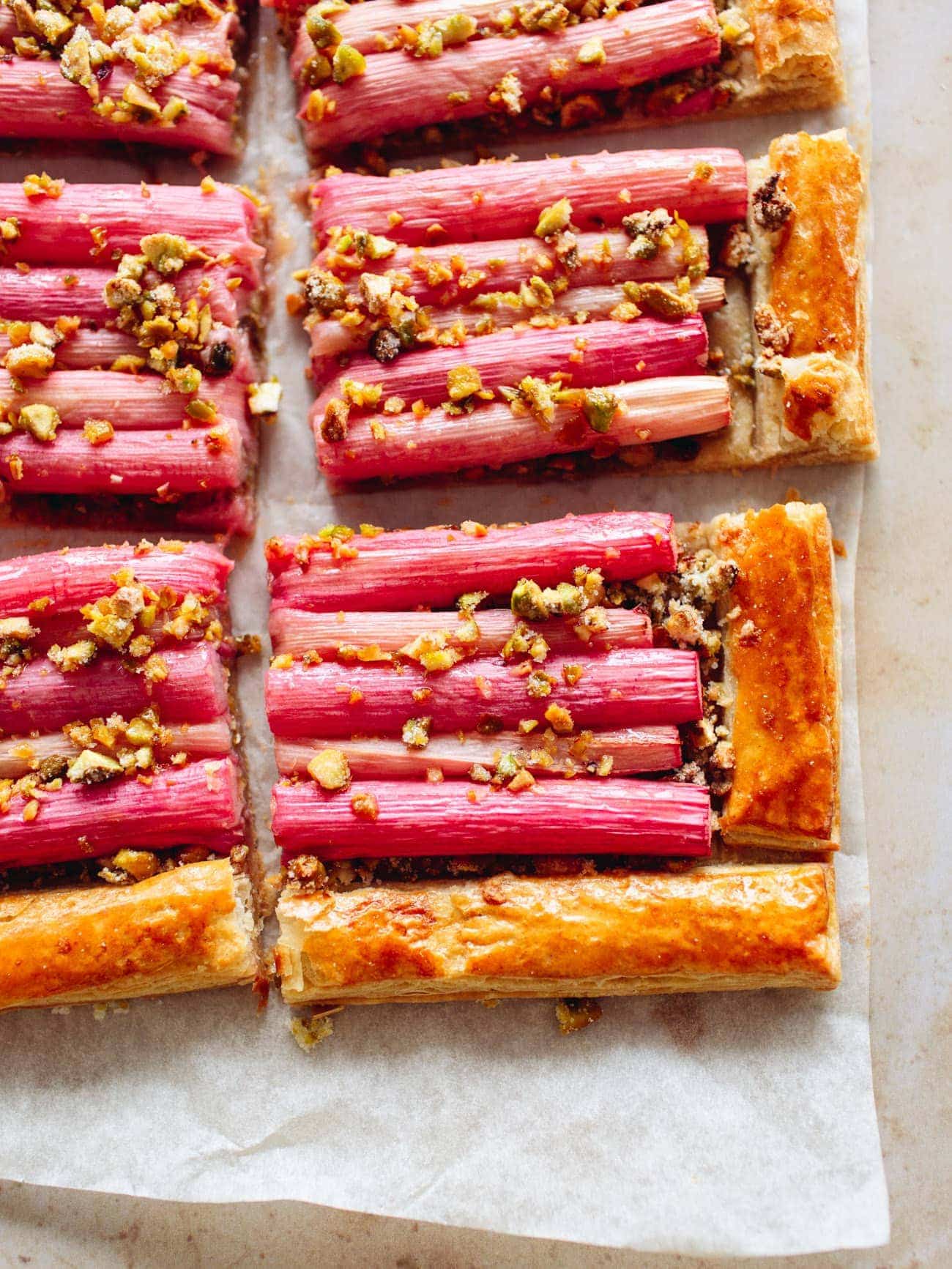 Simple Rhubarb Tart with chopped pistachios by Izy Hossack