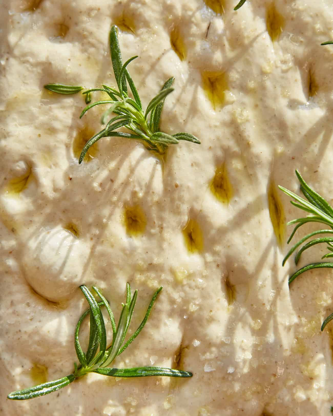 unbaked sourdough focaccia dough with rosemery