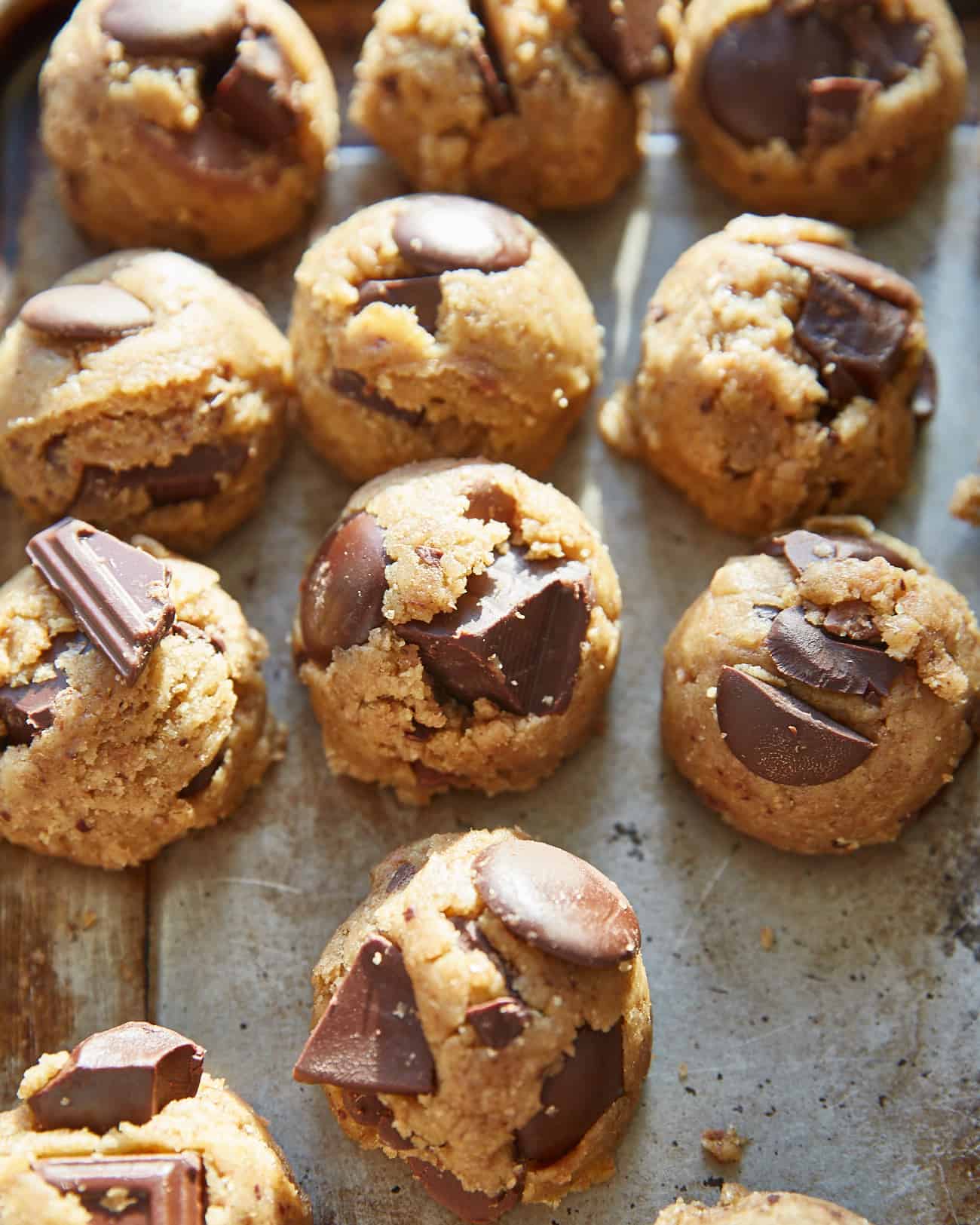 vegan chocolate chip cookie dough  balls on a tray