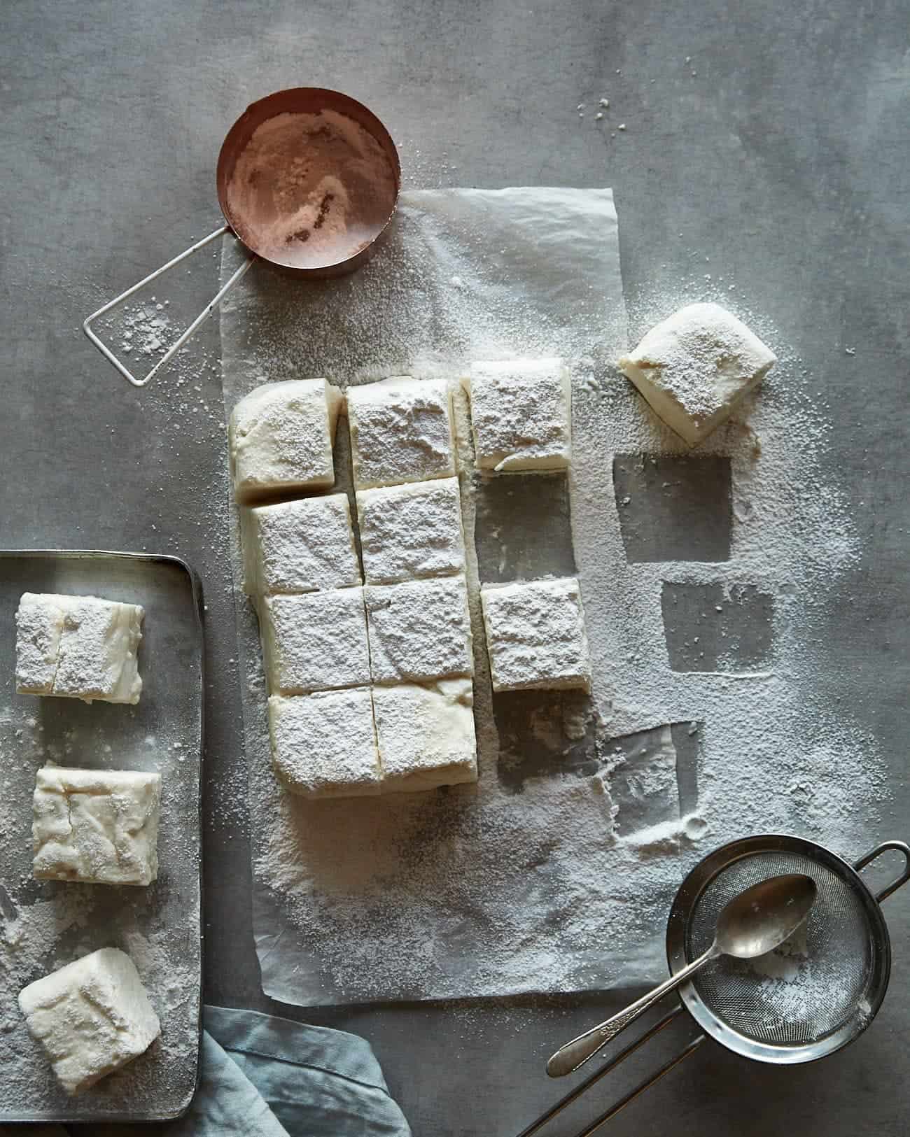 some cut vegan marshmallows on a worktop