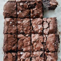 Overhead view of sliced vegan sourdough brownies