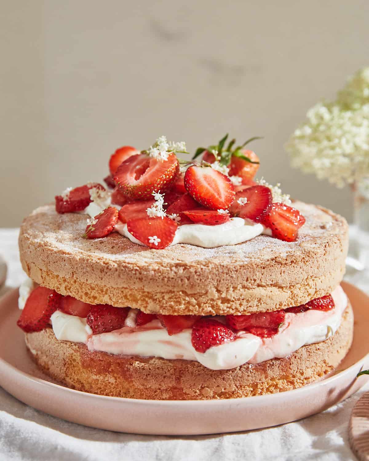 closeup of strawberry sponge cake on a pink plate 